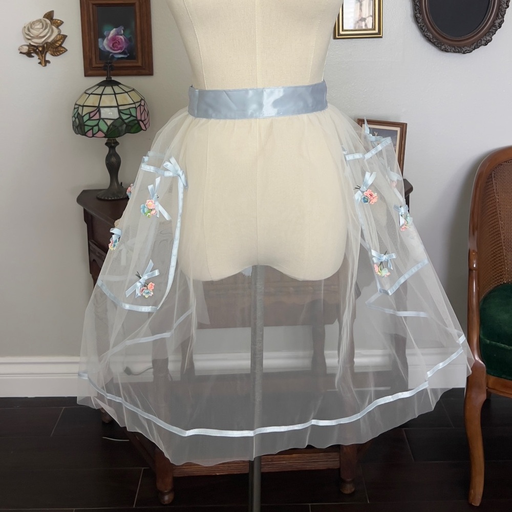 Sheer Tulle Apron with Floral Embroidery